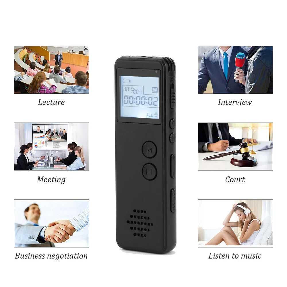 Black matte-finish digital voice recorder with backlit screen showing recording time, placed next to a memory card.