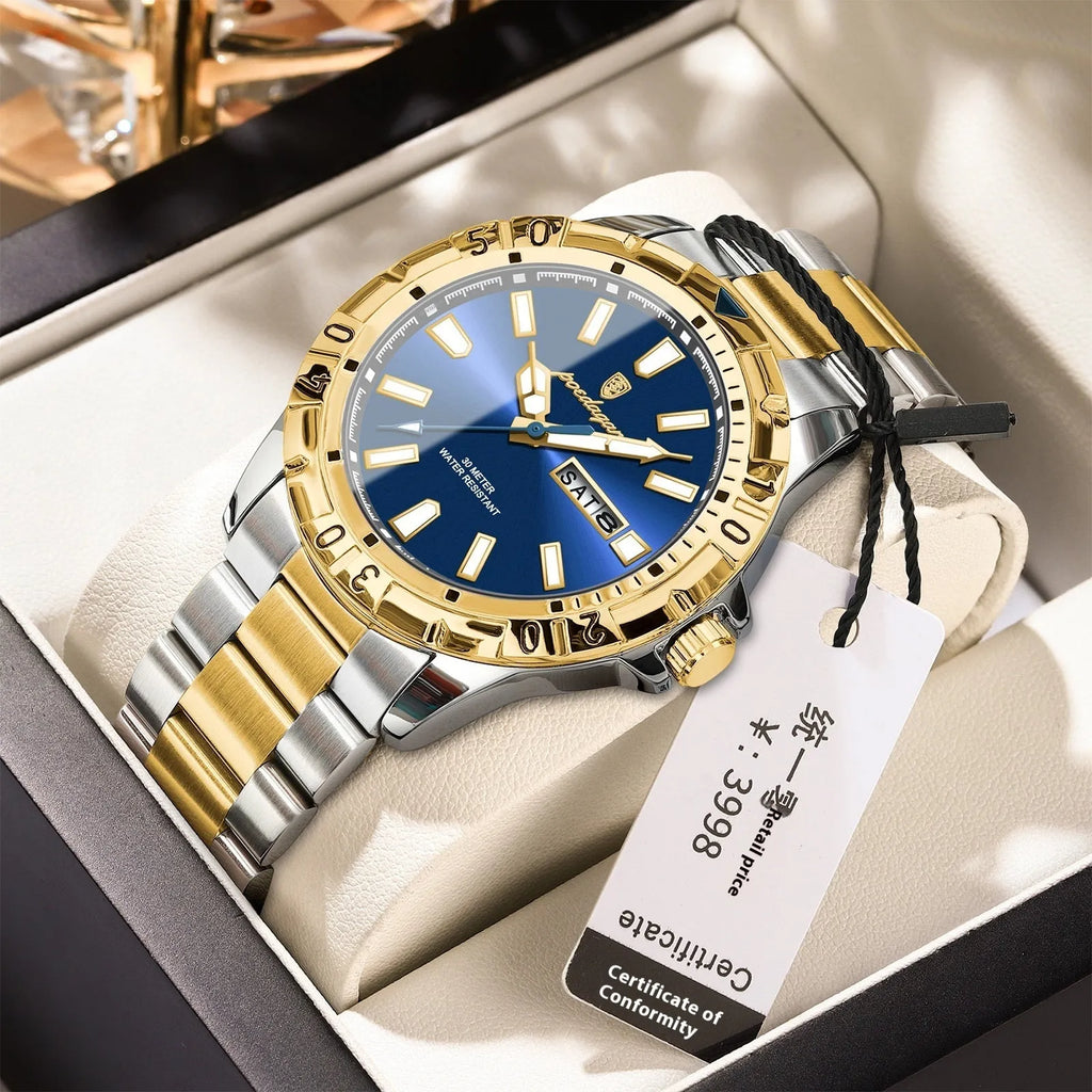 Men's waterproof luminous watch with 6mm thin case and steel belt strap in silver, gold, or black.