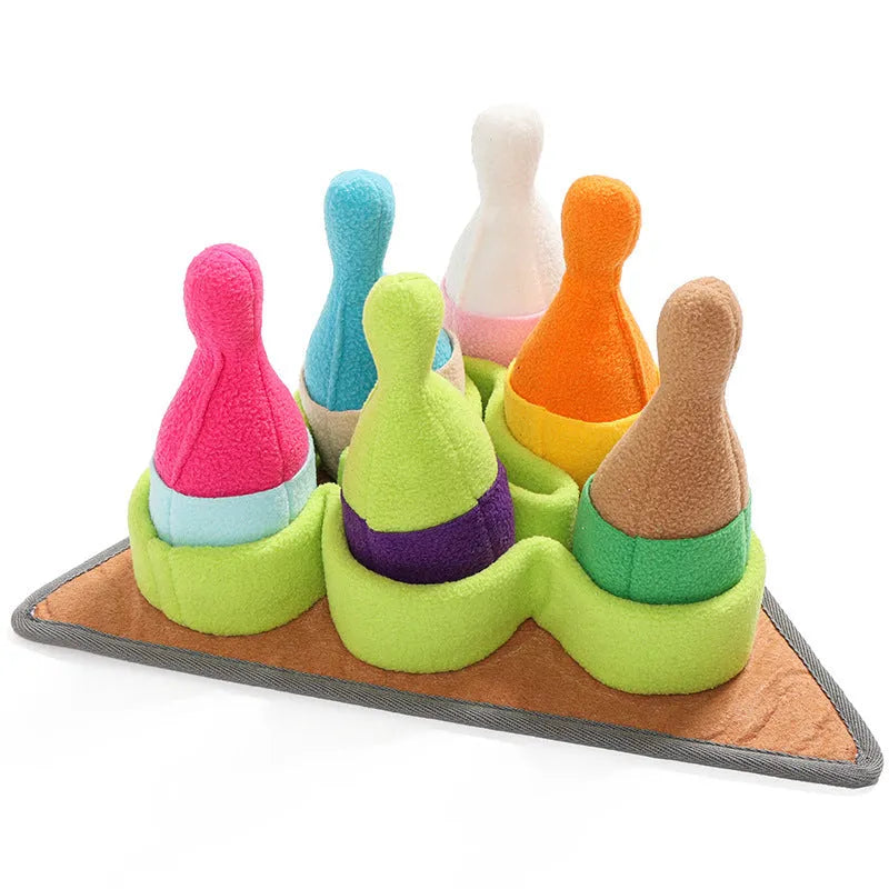 Pet Puzzle Play bowling toy set with sound, made from polar fleece, measuring 34.5 x 34.5 x 18 cm