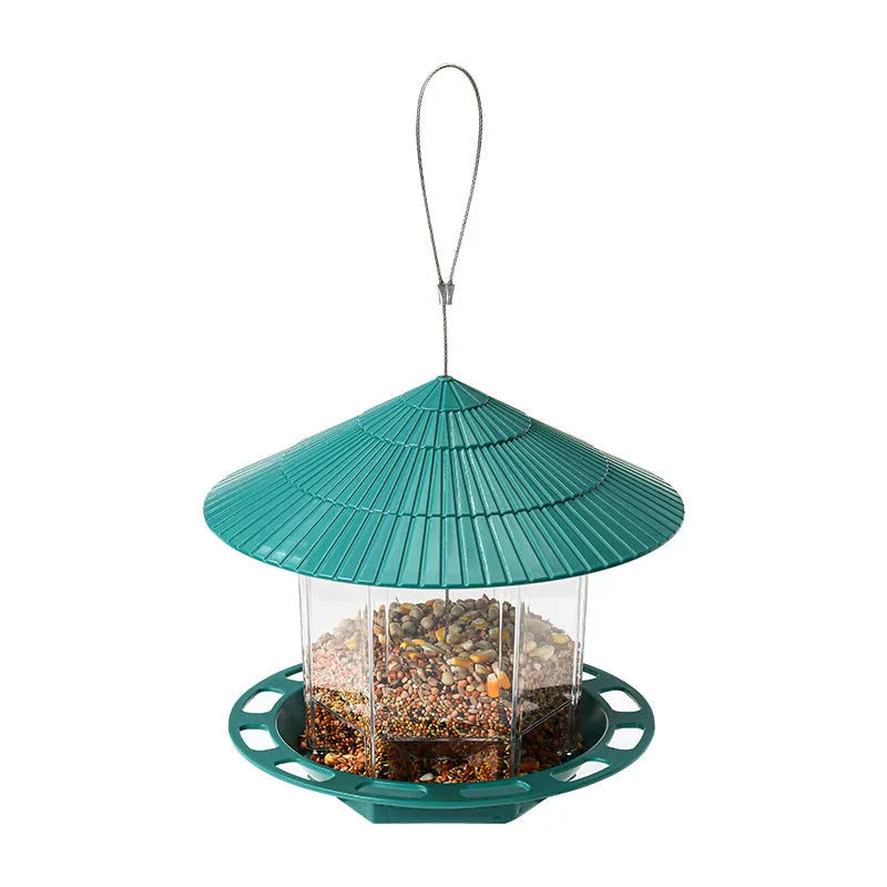 Outdoor garden hanging transparent bird feeder in green PP material with automatic feeding mechanism