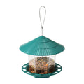 Outdoor garden hanging transparent bird feeder in green PP material with automatic feeding mechanism