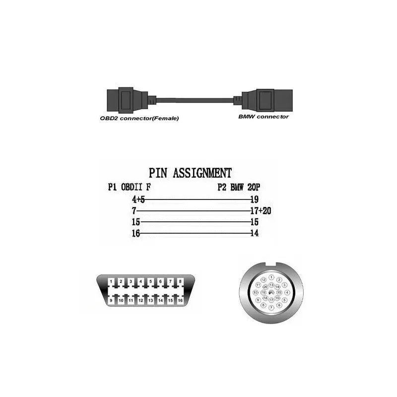 OBD2 adapter cable with a black BMW 20-pin plug and a standard 16-pin female OBD2 socket on the ends.