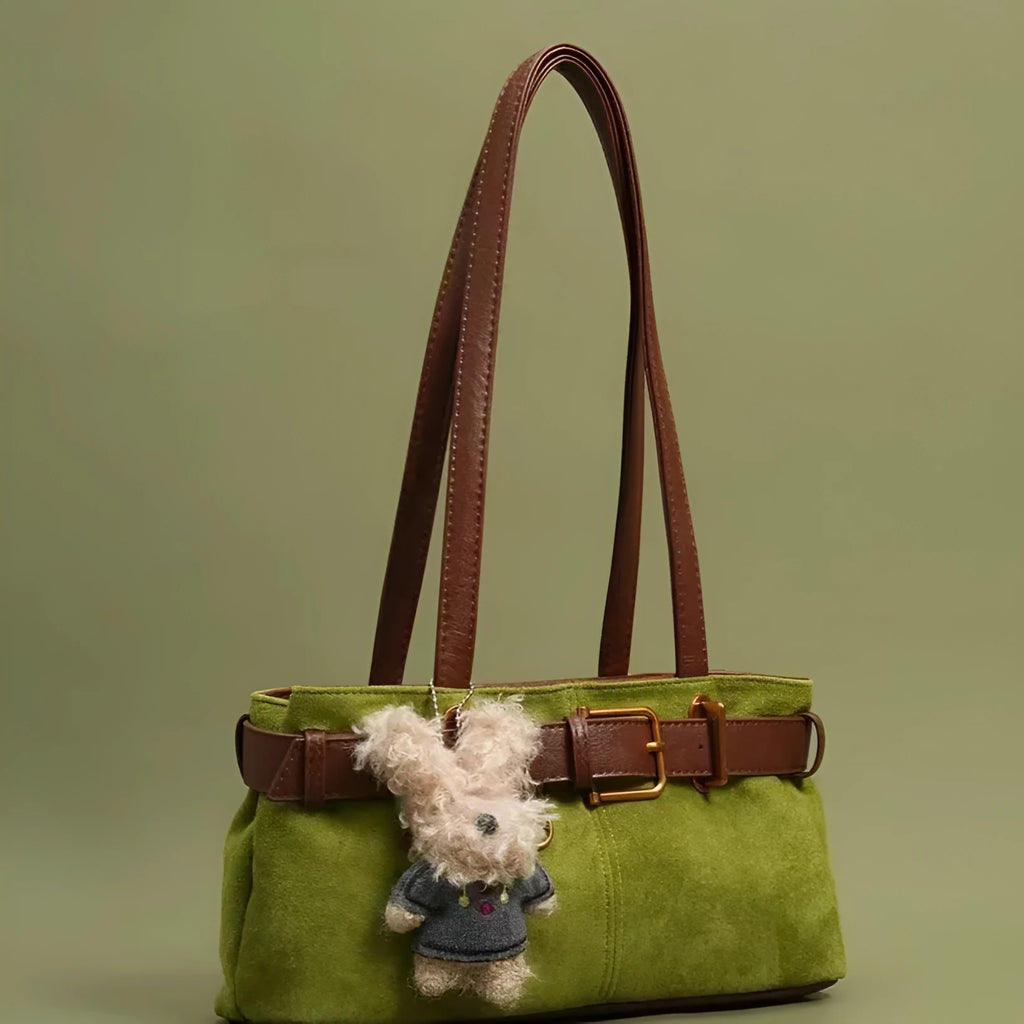 Retro cotton single shoulder tote bag in green with stitching and colour blocking, horizontal square shape, double straps