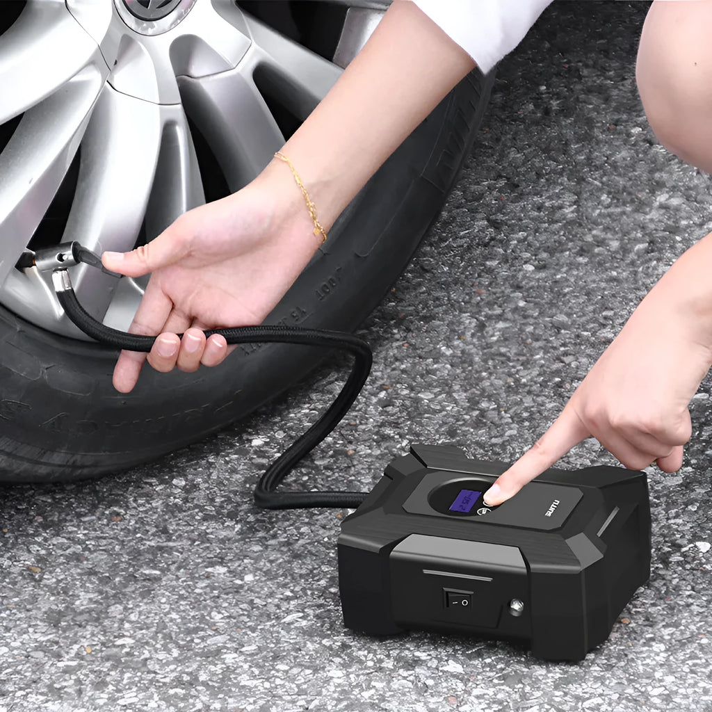 Portable 120W car air pump with digital display, LED light, and 300cm power cord for SUV tyre inflation