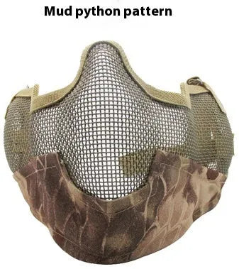 Carbon steel field protective mask with head mount in camouflage pattern, shown with attached mouth muffler.