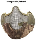 Carbon steel field protective mask with head mount in camouflage pattern, shown with attached mouth muffler.