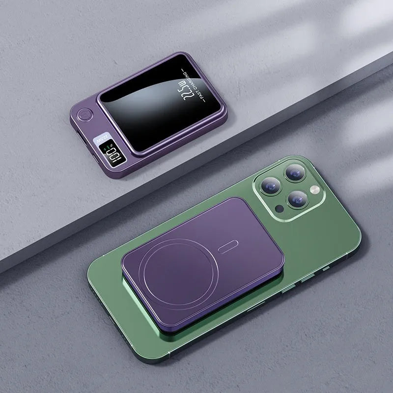 Magsafe wireless power bank in industrial style with plastic shell showing black, green, purple and white colour options