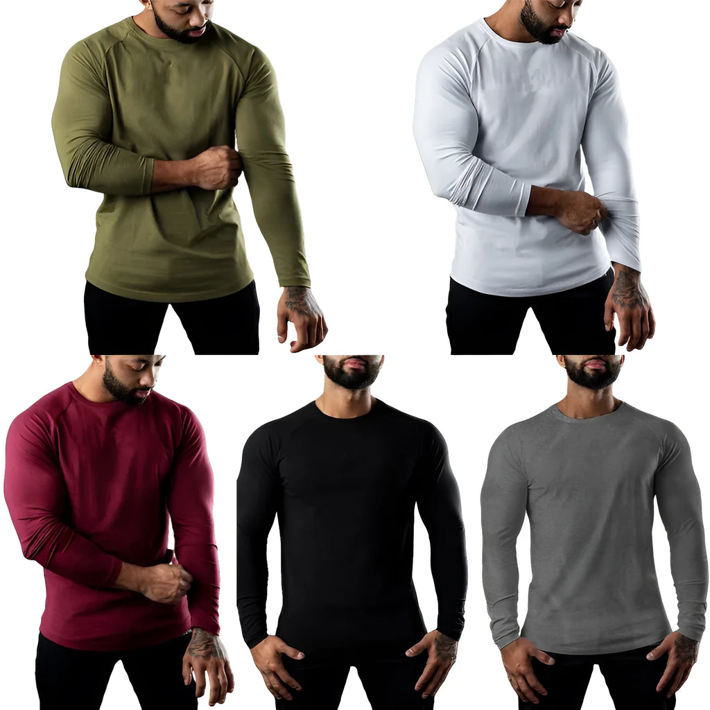 Men's tight-fitting long sleeve cotton sports T-shirt in grey, worn for gym training.