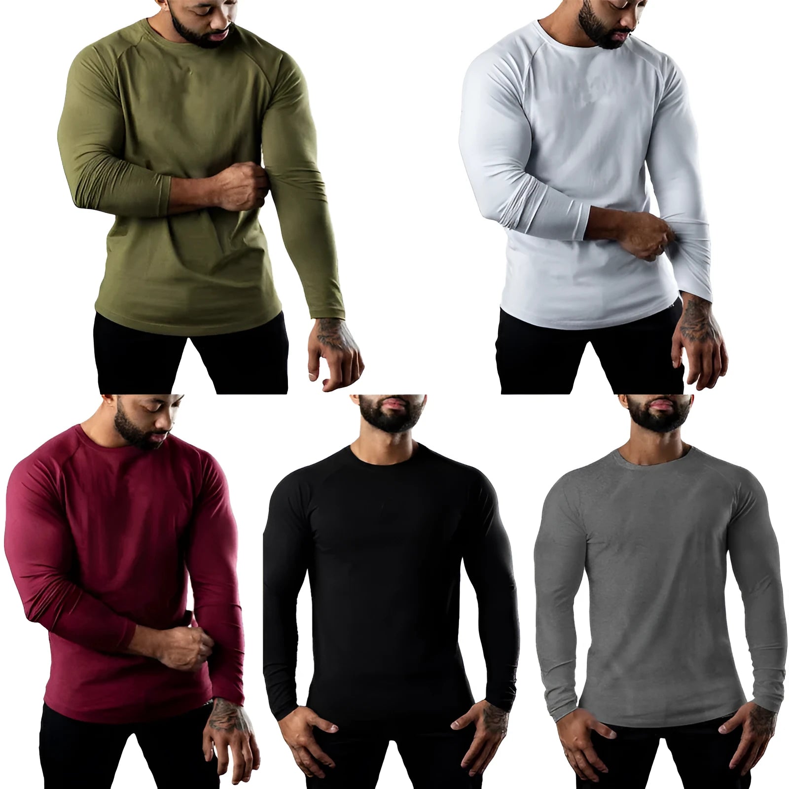 Men's tight-fitting long sleeve cotton sports T-shirt in grey, worn for gym training.