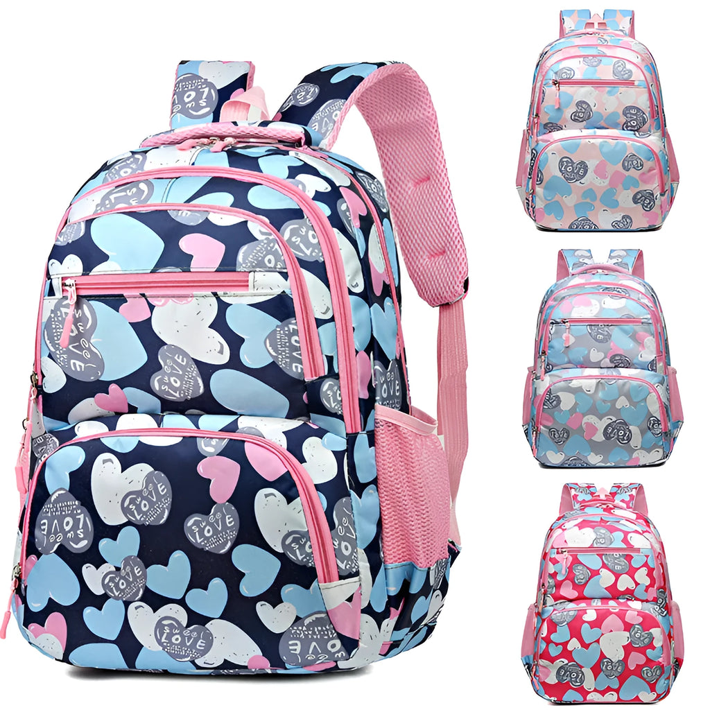 Blue student backpack with air cushion straps on a grey background, showing large main compartment.