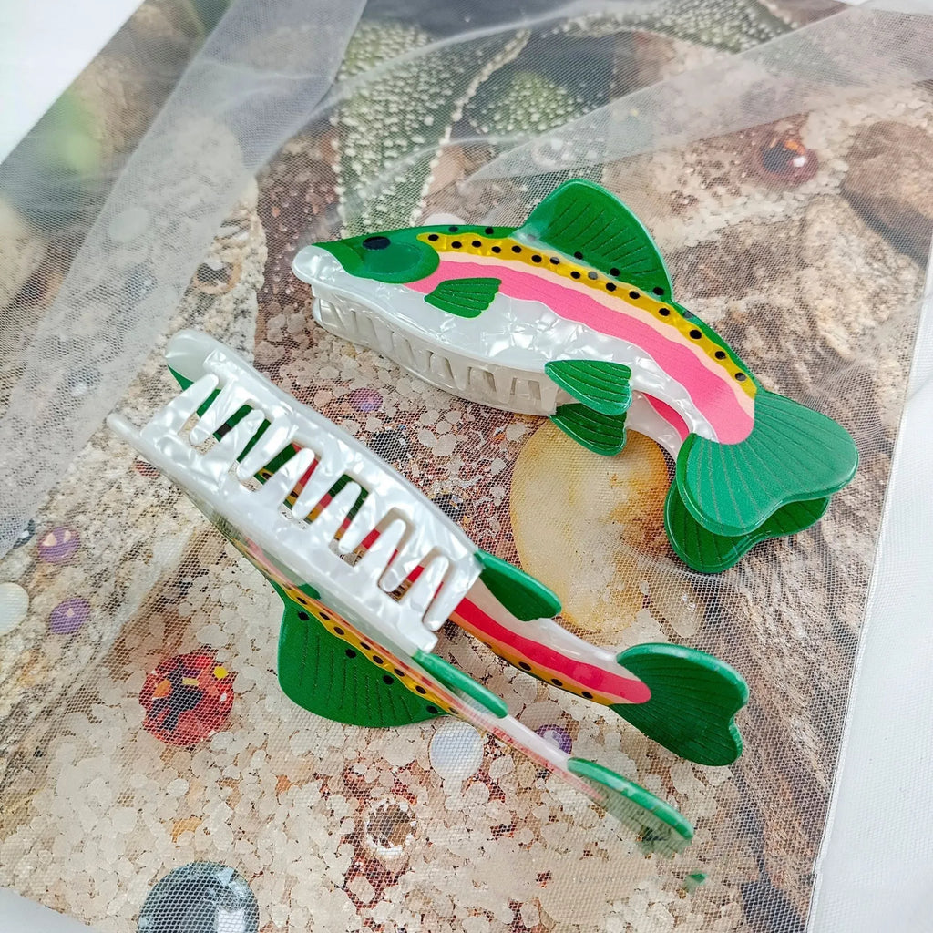 Dark green rainbow trout hair clip with printed carp elements and PVC construction