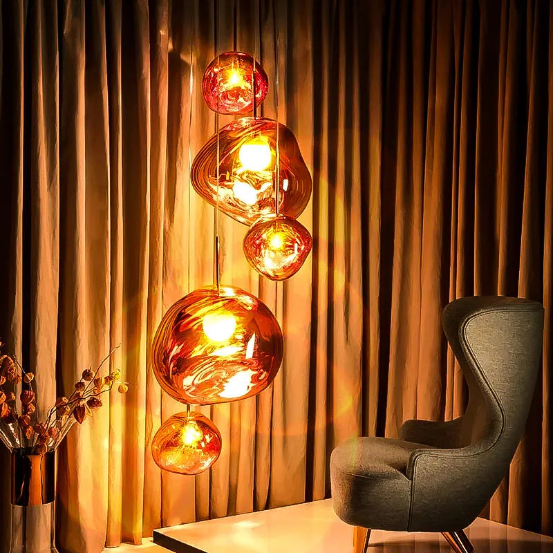 Nordic post-modern irregular lava lamp glass chandelier in gold, silver, or copper finish, ceiling light fixture.