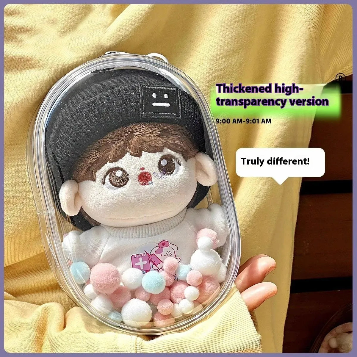 Transparent PVC cube storage bag with colourful balls on a keychain, shown in avocado green colour.