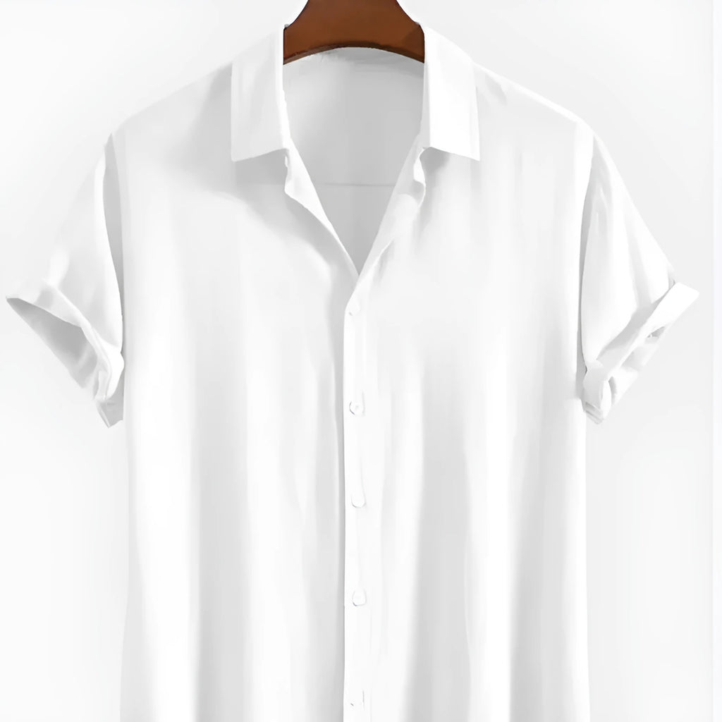 A man's loose-fit, short-sleeve cardigan in a solid colour, shown in black, green, or white.