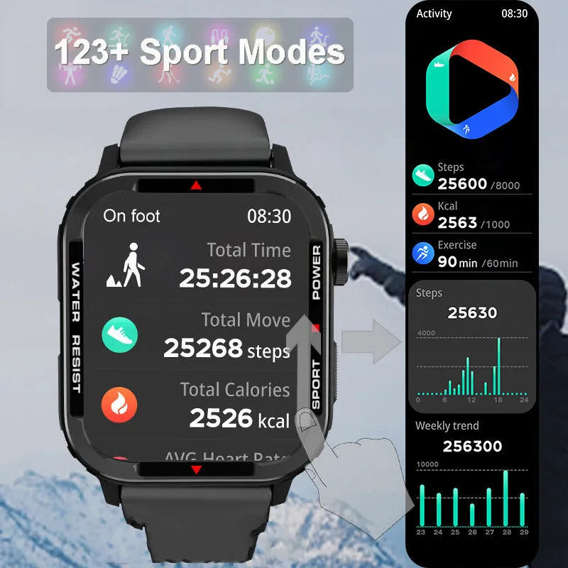 Bluetooth sports smartwatch 1.85 inch screen blood pressure blood oxygen monitoring IP67 waterproof black