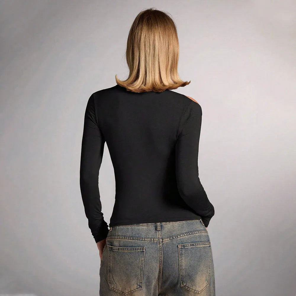 Black women's slim fit halter top with long sleeves, shown on a model.