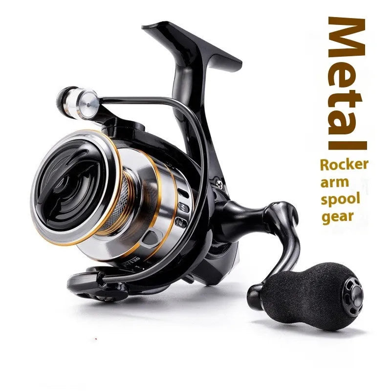 All-metal spinning fishing reel with EVA grip handle on a selection of six model sizes.