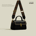 Brown retro women's messenger bag made of PU leather showing sewing thread detail and sandwich pocket.
