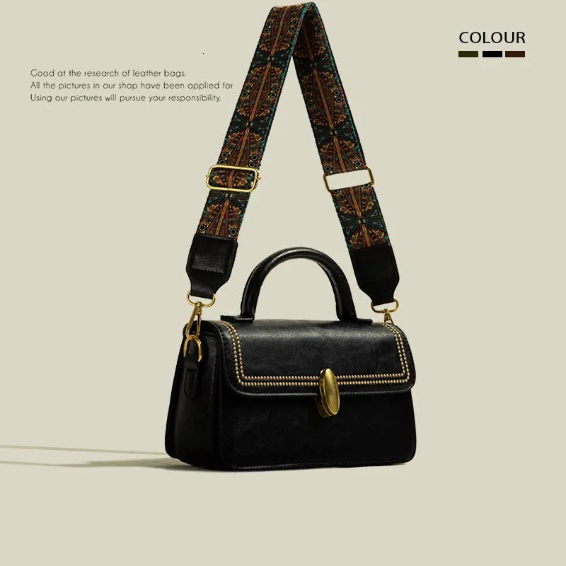 Brown retro women's messenger bag made of PU leather showing sewing thread detail and sandwich pocket.