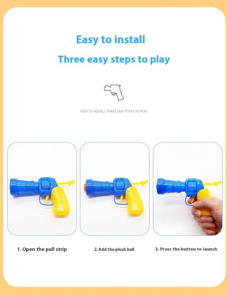 Pet toy launch gun with colourful soft plush yarn balls for interactive cat and dog play