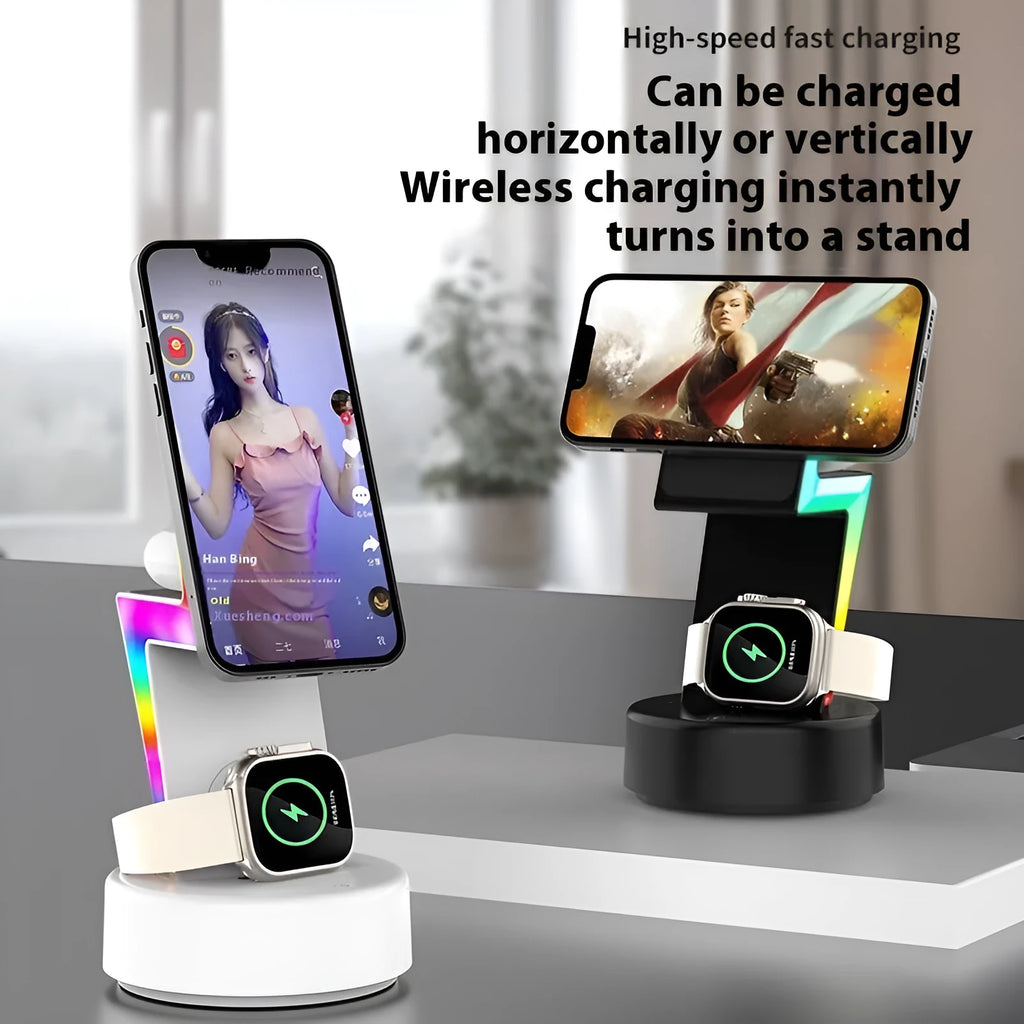 Lightning three-in-one wireless charger in white or black for mobile phone, watch and headset with fast charge and 15 maximum output power