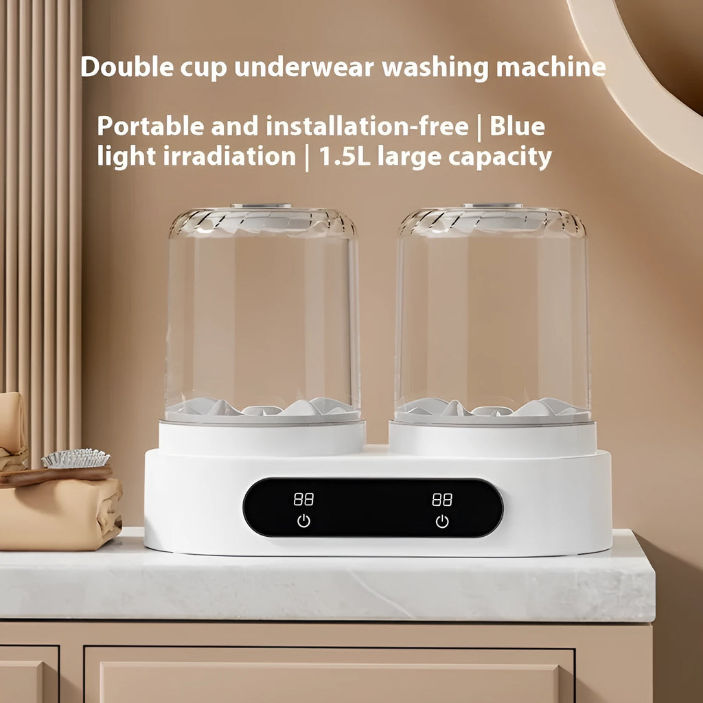 White double bucket USB-powered mini washing machine with two lids and a mechanical timer dial.