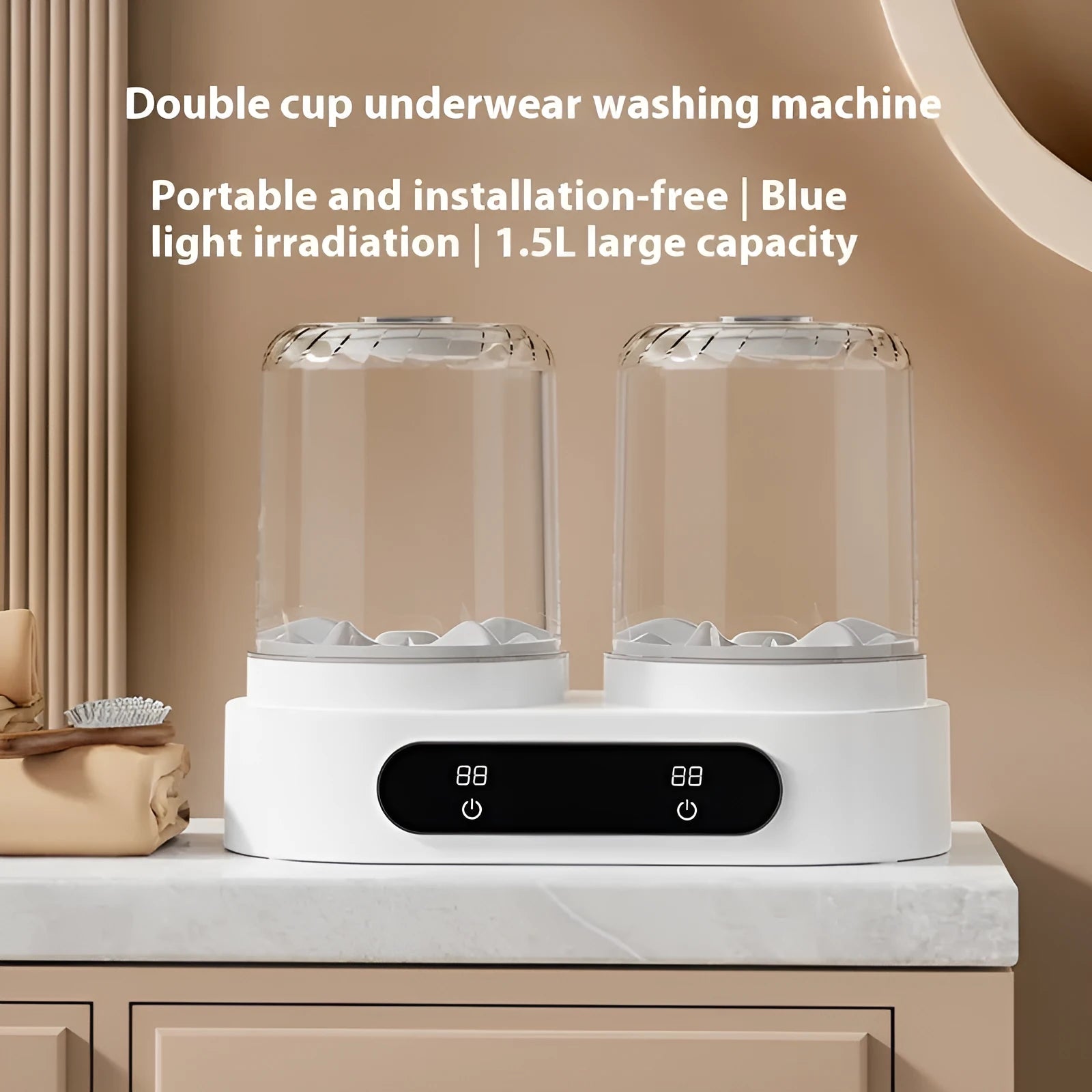 White double bucket USB-powered mini washing machine with two lids and a mechanical timer dial.