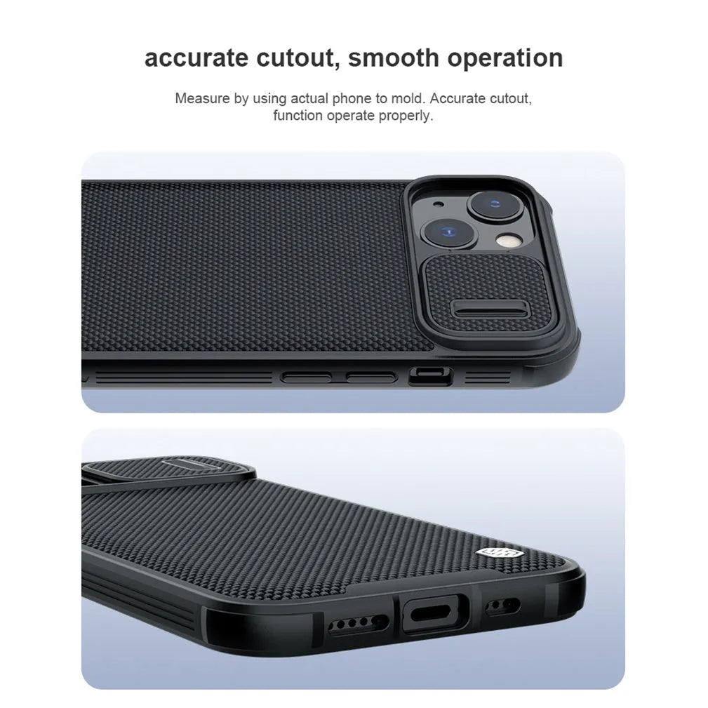 Black textured sliding back cover phone case for Apple iPhone 13 Pro Max.