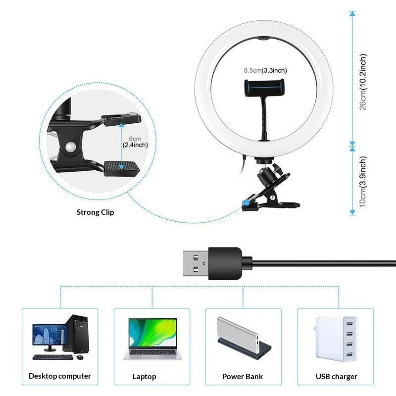 26cm desktop continuous ring light with strong clip, USB powered, 3200-5600K colour temperature, CRI above 95