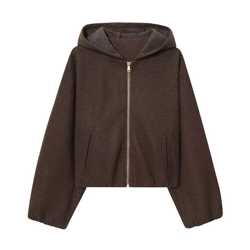 Women's PU faux leather hooded jacket with zipper front in picture colour, medium thickness, long sleeves, casual style