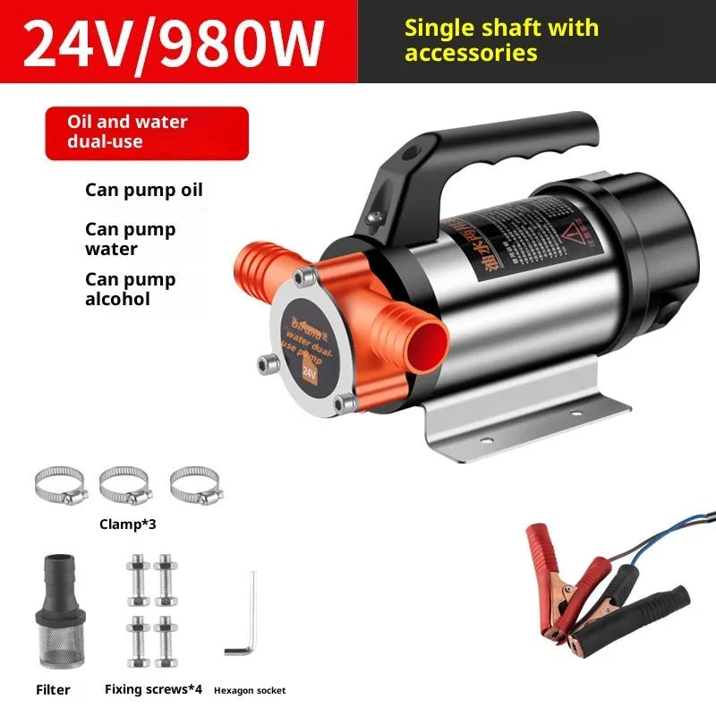 24V DC dual-use oil water pump with stainless steel body on white background