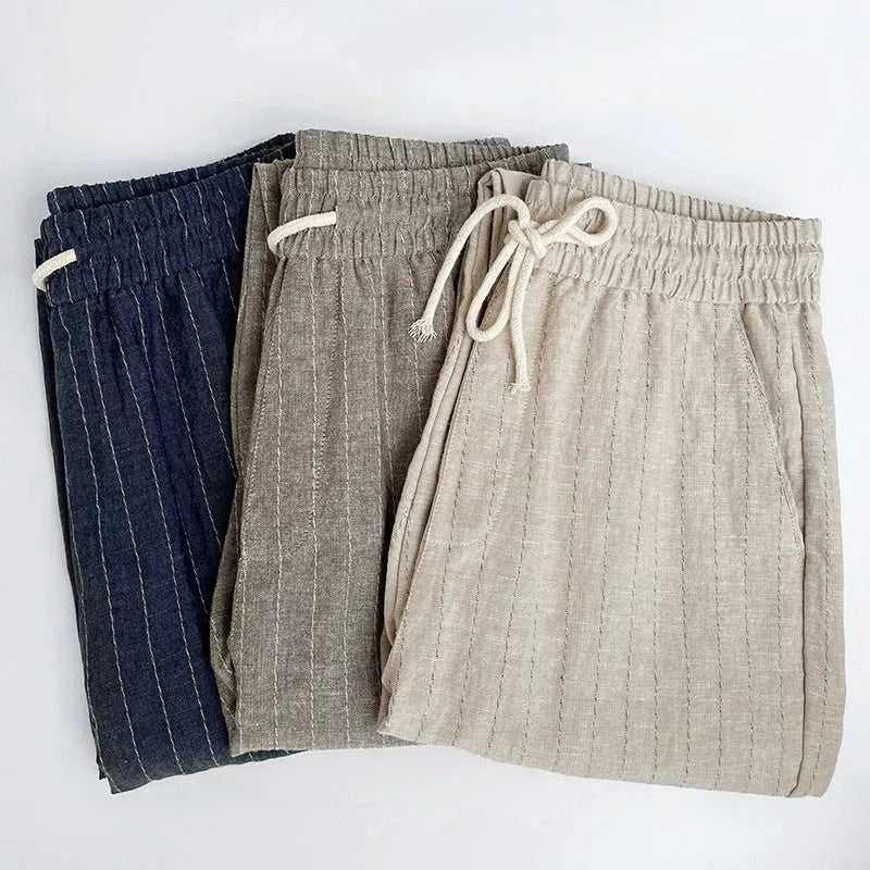 Men's striped cotton-linen summer trousers in cropped length with coffee, khaki, navy blue and white colour options