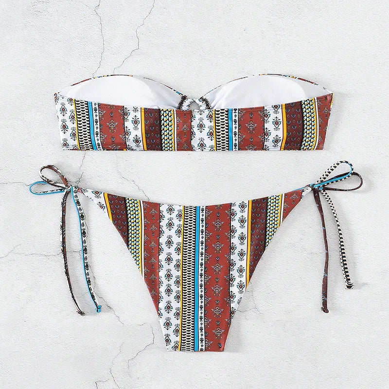 Women's mixed colour printed swimsuit with lace-up front and split leg design