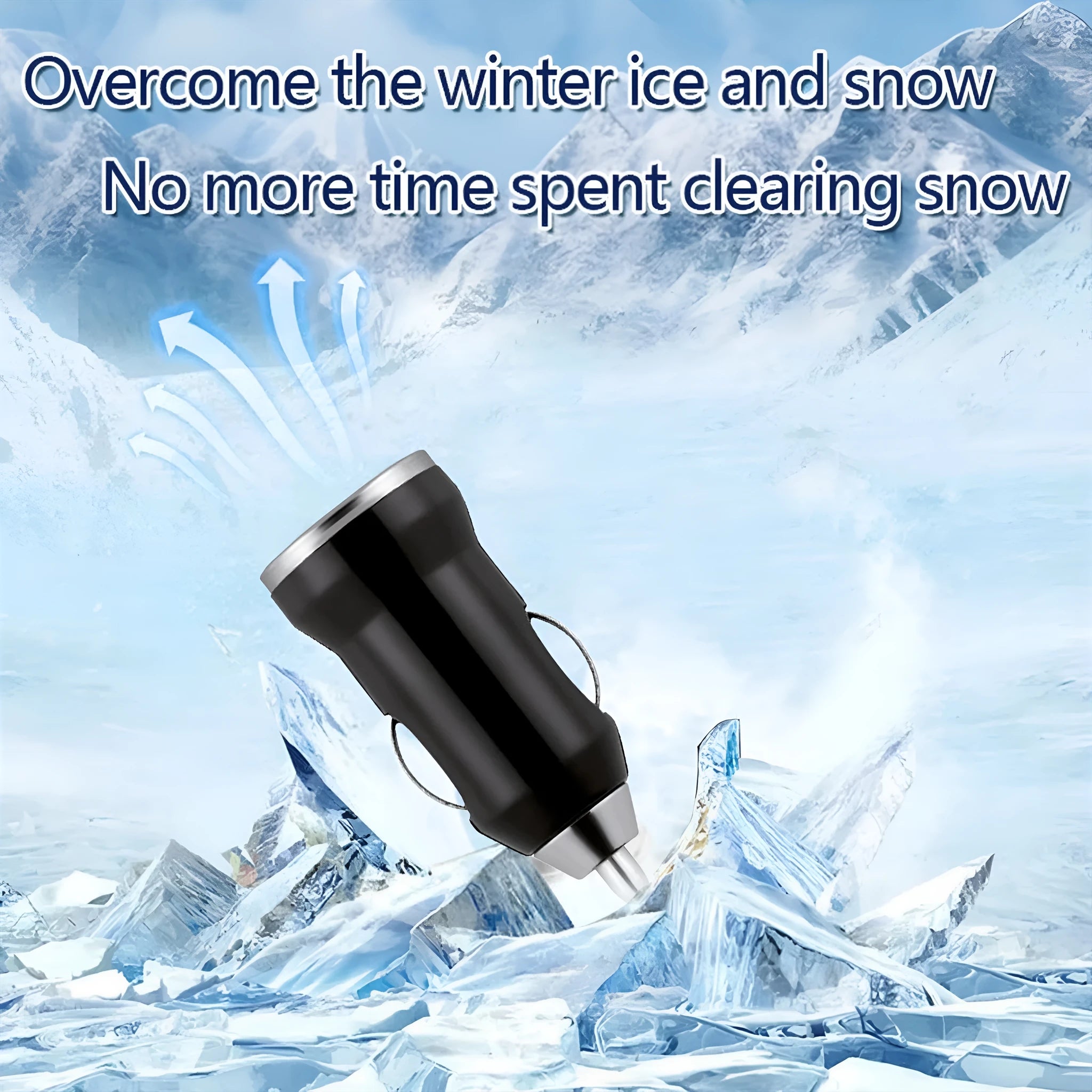 Black portable car deicer and charger unit measuring 5.5 by 2.3 centimetres