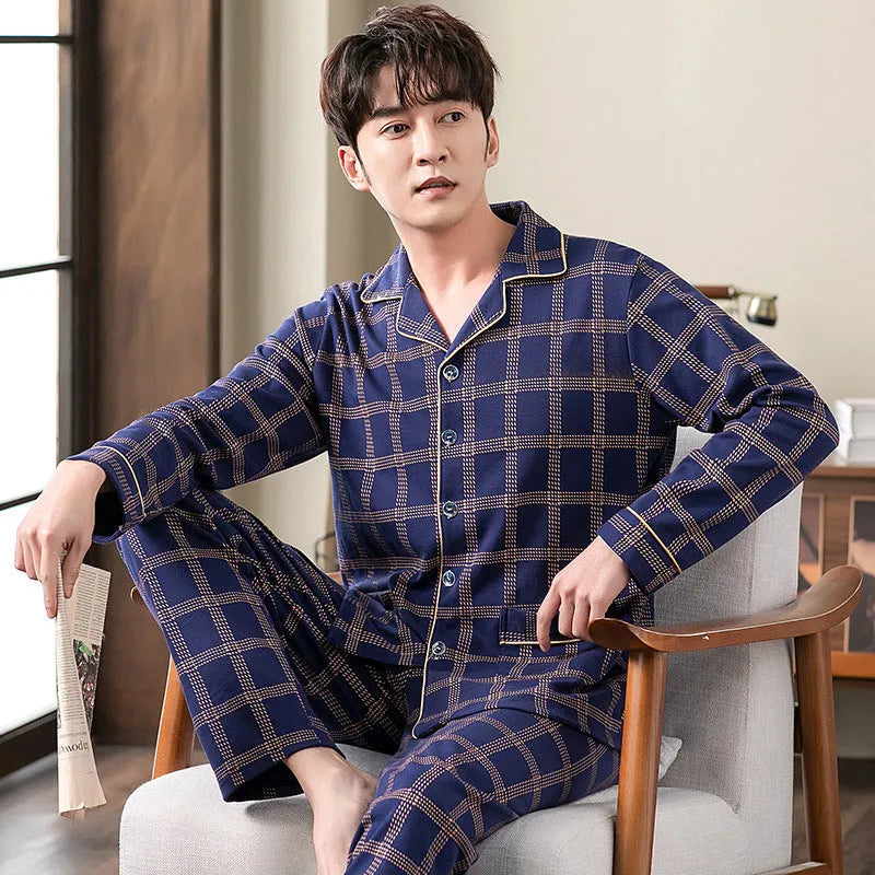 Men's cotton cardigan pyjama set in long sleeve top and trousers, available in five colours and sizes M to XXXXL