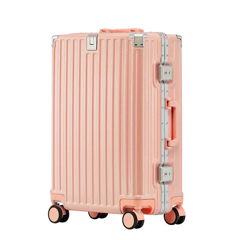 Aluminium frame trolley suitcase in avocado green with multi-functional pockets and USB port.