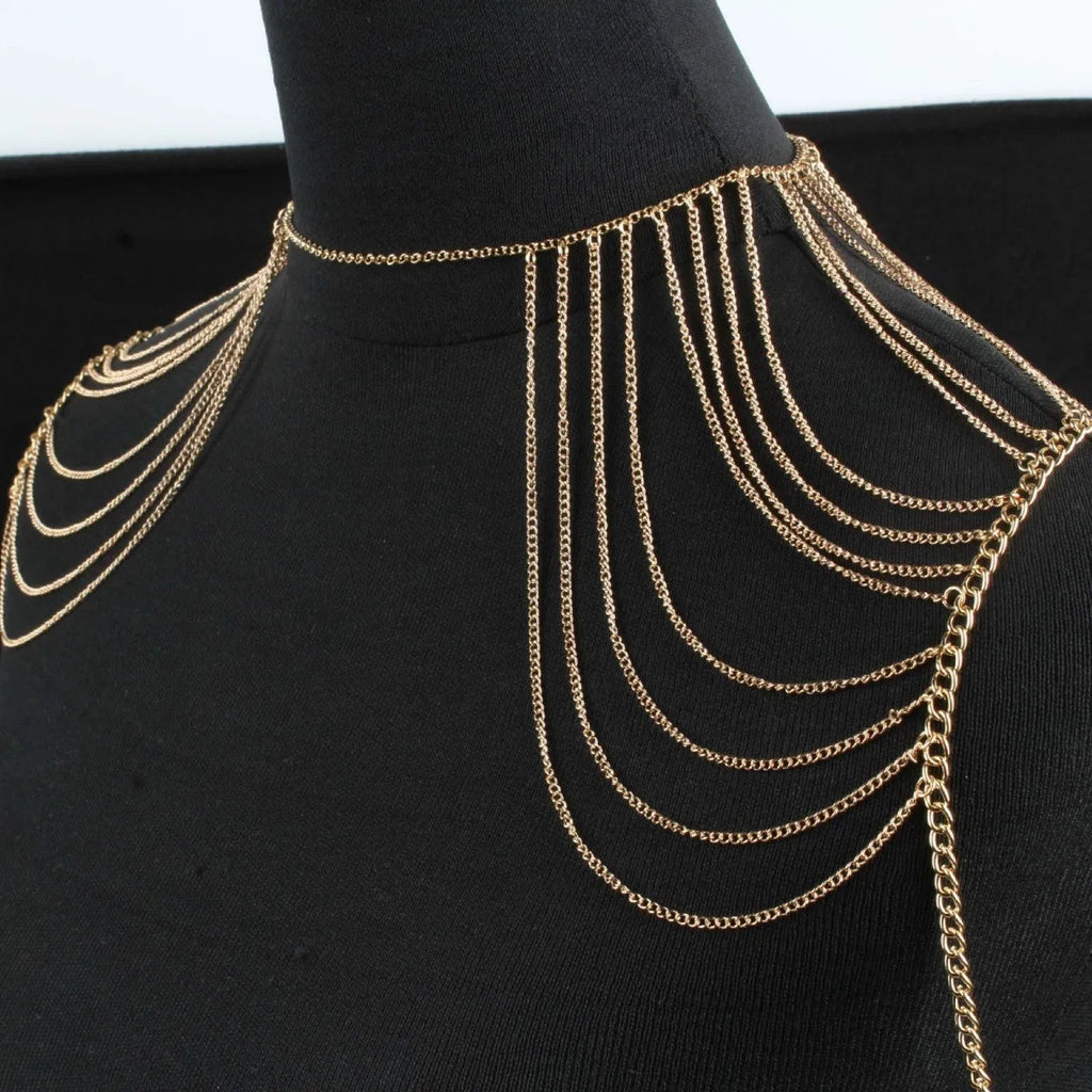 Fashion multi-layer body chain for women in gold and silver alloy shoulder chain jewellery