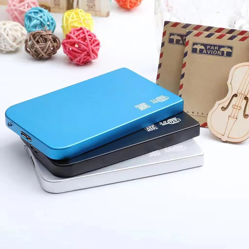USB 3.0 solid state mobile hard drive with metal shell in black, blue, red, and silver colour options.