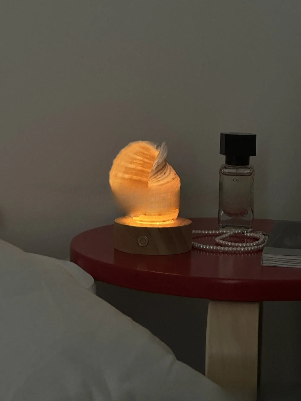 Creative natural conch shell small night lamp with USB charging cord on a table