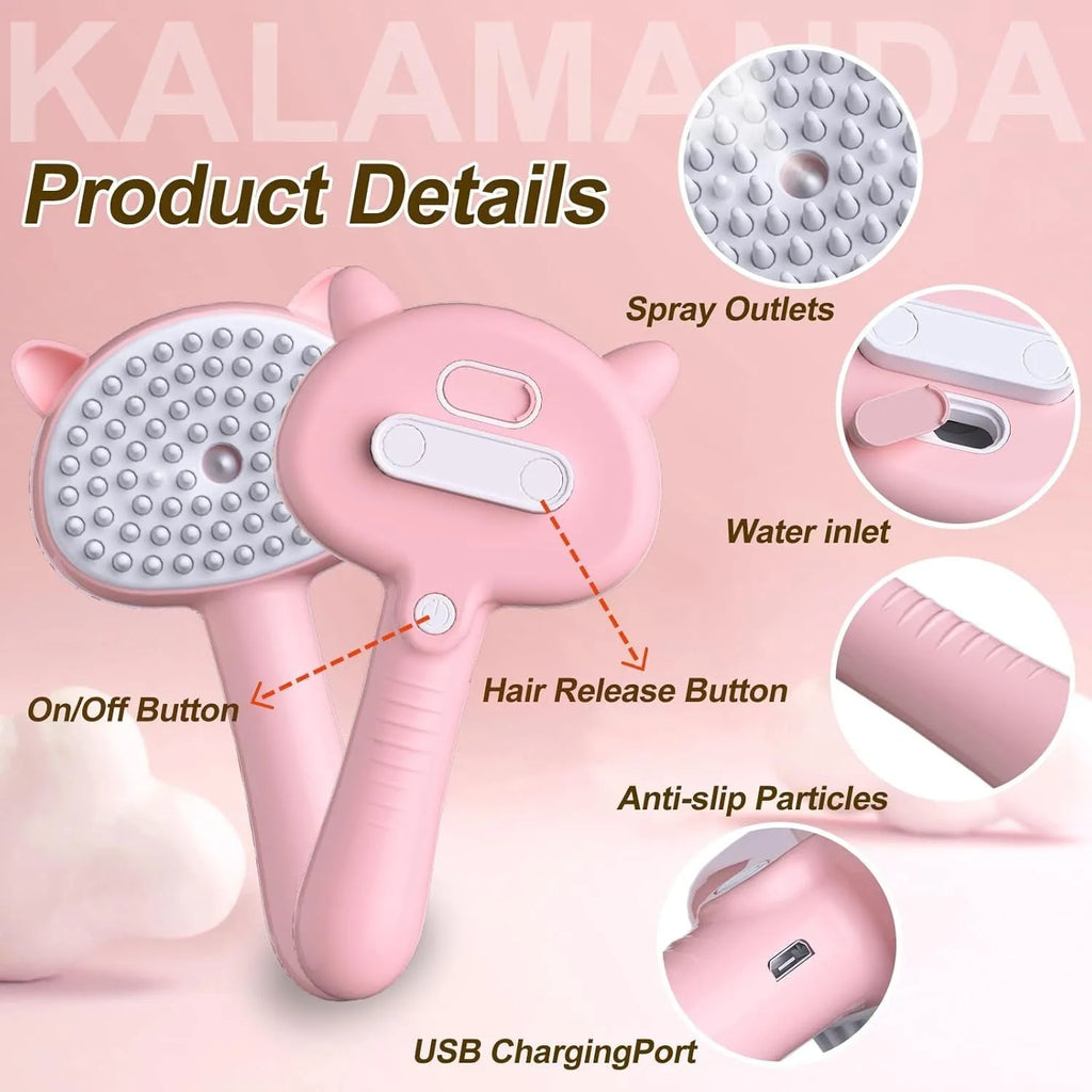 Cat ear-shaped steam grooming brush with ergonomic handle and coloured bristles