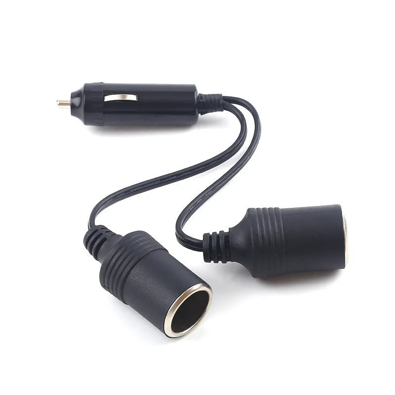Black vehicle-mounted one-to-two cigarette lighter splitter with USB and 25cm 18AWG cable