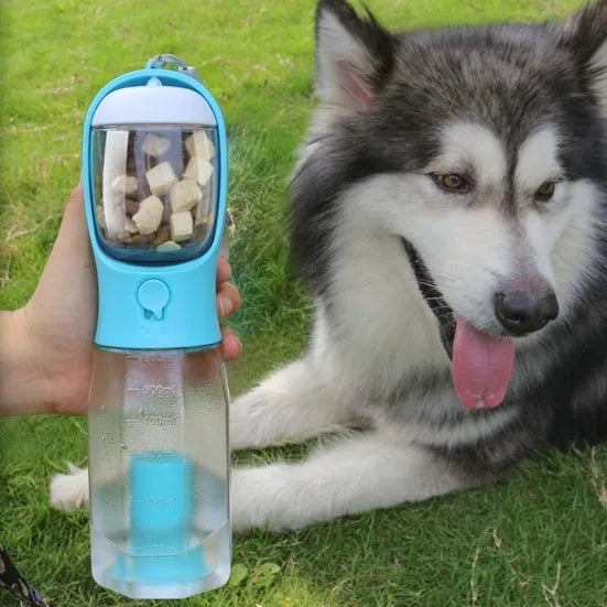 Portable 3-in-1 pet water bottle with 600ml capacity, leak-proof drinker, and poop dispenser in pink