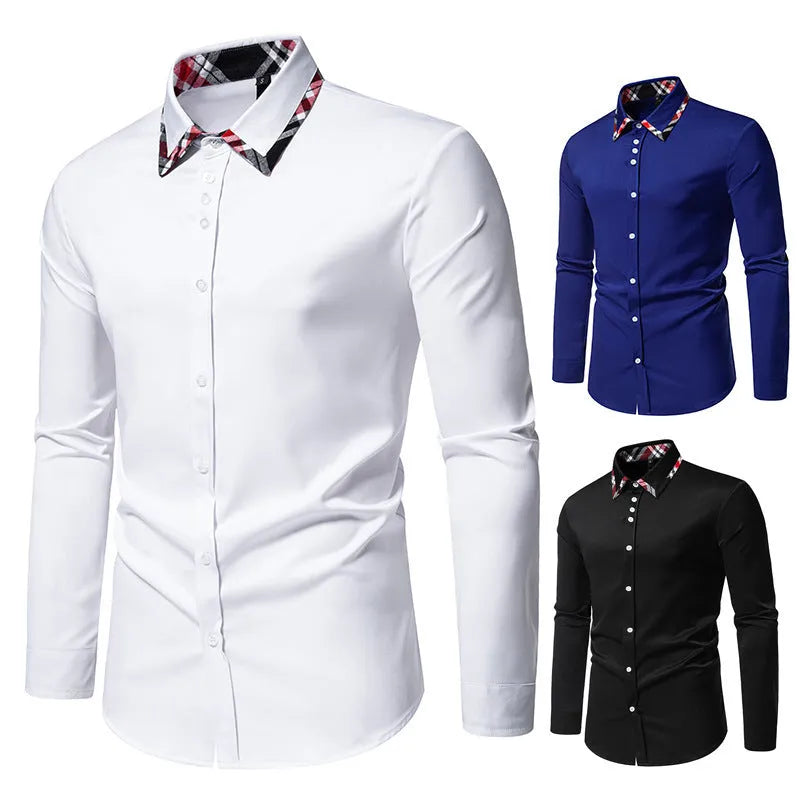Men's blue plaid contrast long-sleeve shirt with a triangle collar, laid flat.