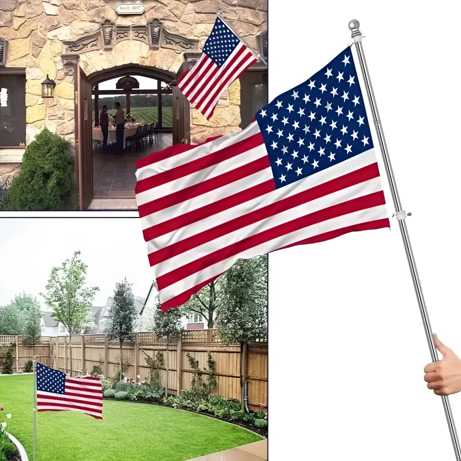Wall mounted stainless steel sectional flagpole in black finish on a brick wall