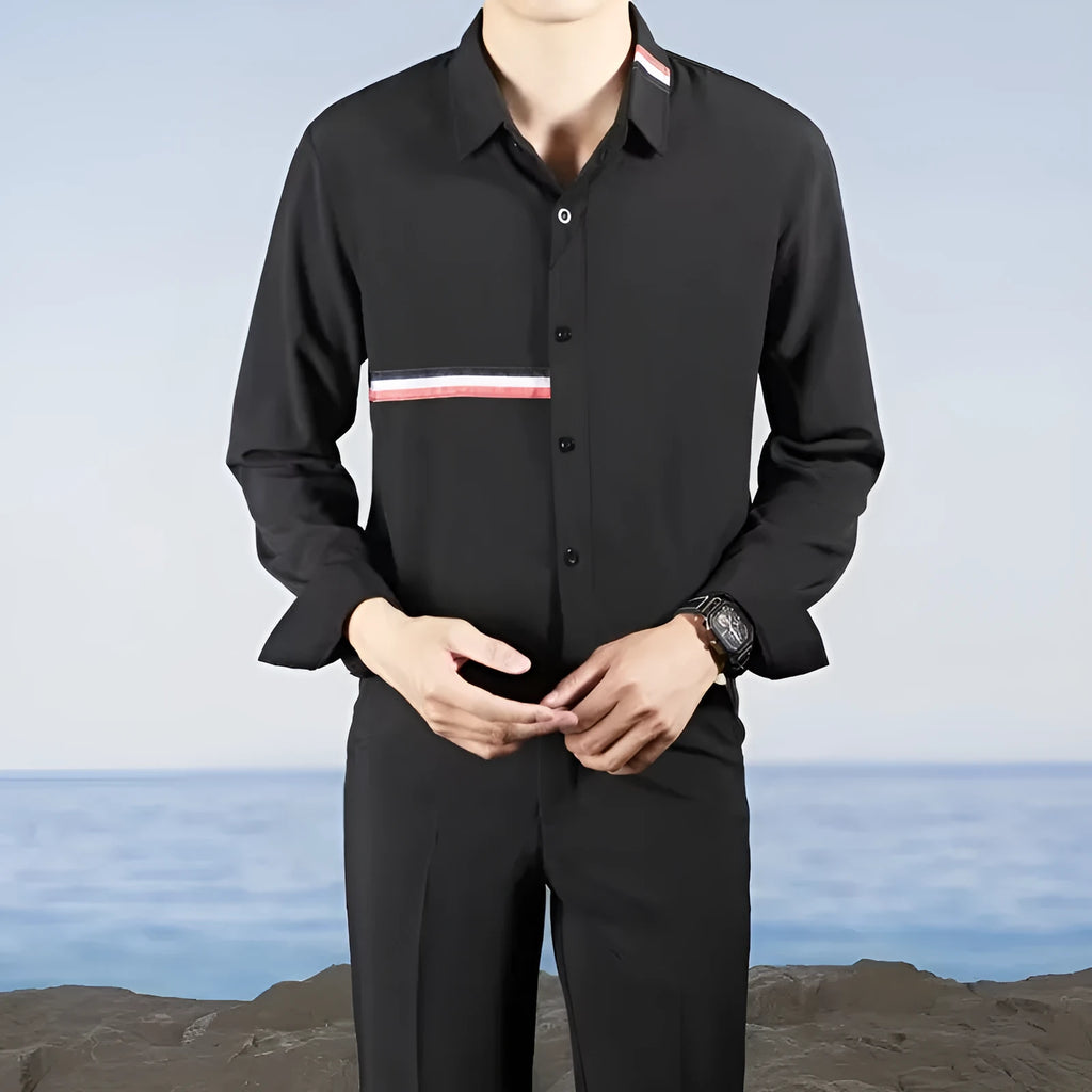 Hong Kong style loose fit cardigan shirt in cotton blend fabric with non-ironing technology