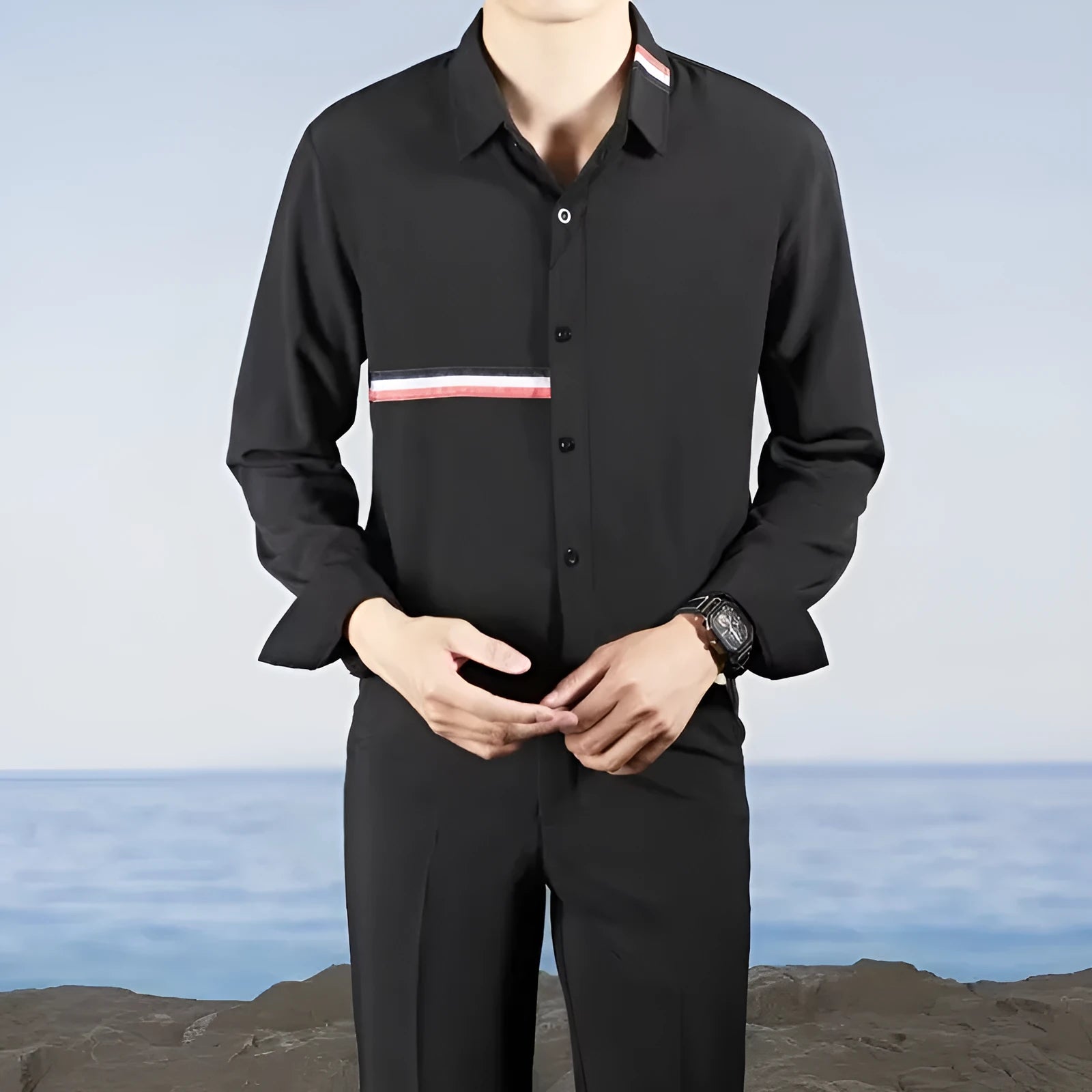 Hong Kong style loose fit cardigan shirt in cotton blend fabric with non-ironing technology