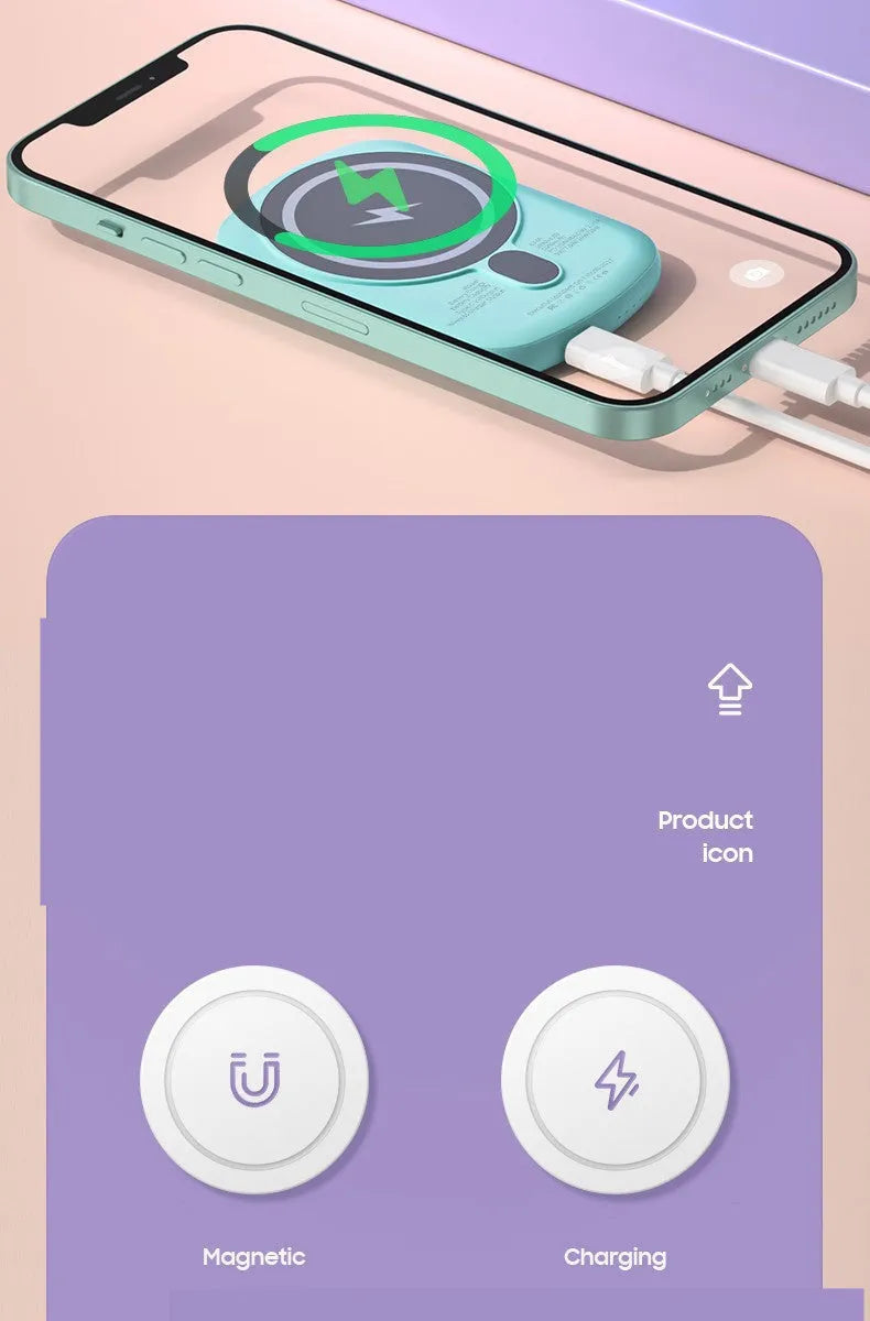 Magnetic wireless power bank, 94x66x13mm plastic shell, 5000mAh or 10000mAh, PD20W, four colours