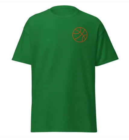 Men's maroon polyester mesh short-sleeved t-shirt with a ball pattern, laid flat.