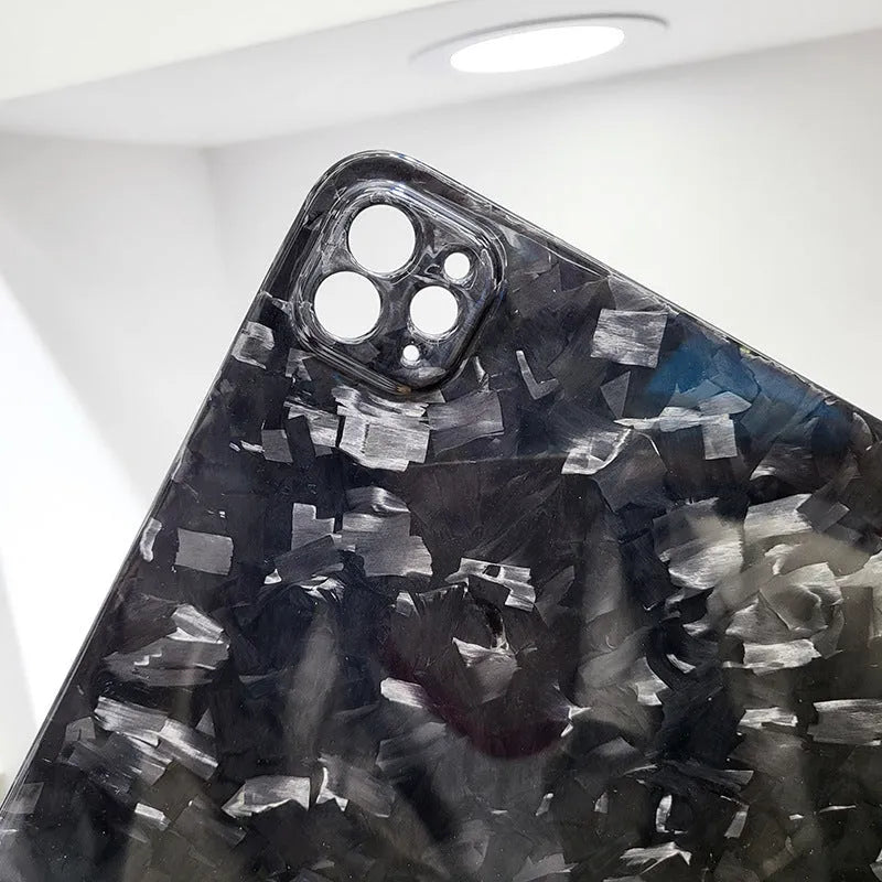 Carbon fibre flat hard protective cover for Apple iPad Pro 11 showing embossed plaid pattern.