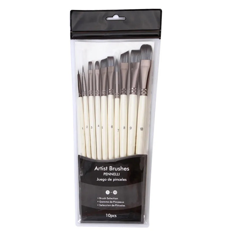 10 pearl white nylon oil painting brushes with wooden handles in PVC bag